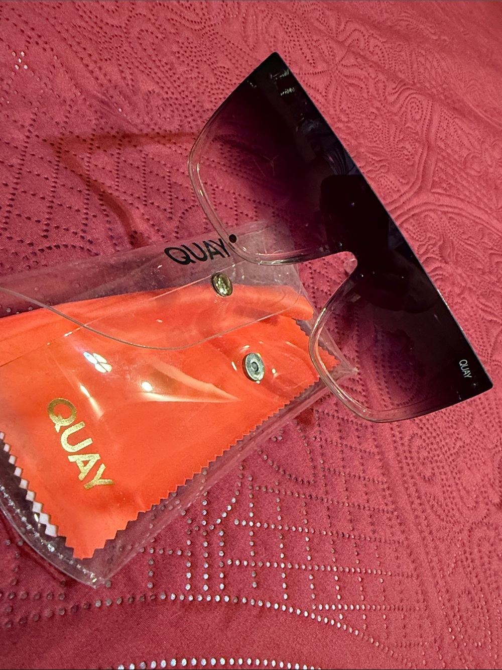 Quay Australia Gradient Black to Purple Shield Sunglasses with Coral Pouch